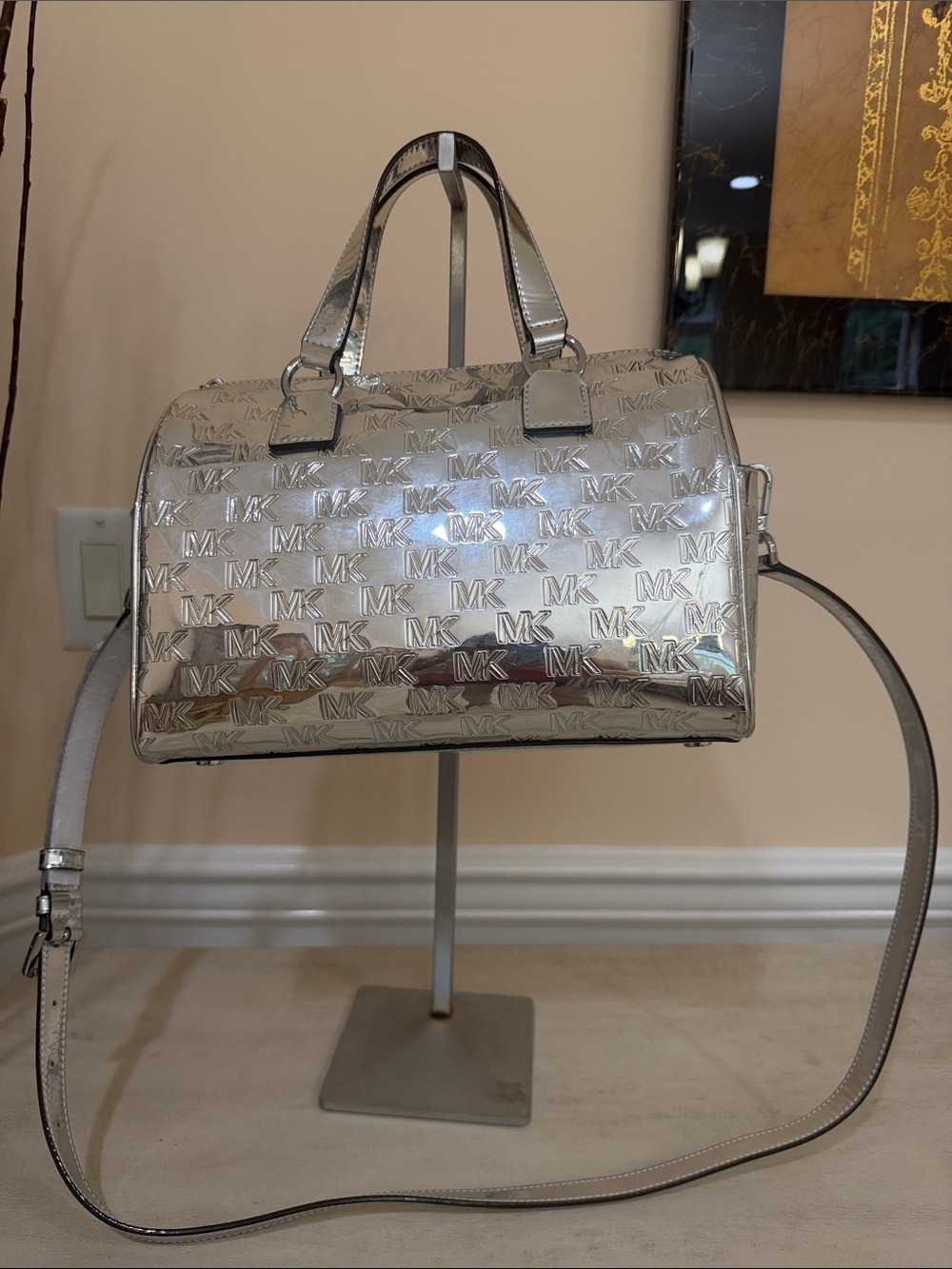 Michael Kors Mason Metallic Silver MK Monogram Satchel
